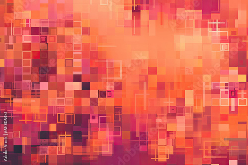 Pixelated squares in shades of pink and orange forming a retro-inspired pattern that's playful and nostalgic, generative ai