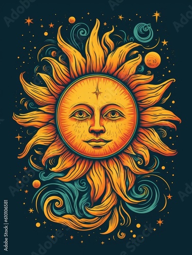 Sun, illustration, retro design. Print for T-shirts. Generative AI. © Viktor