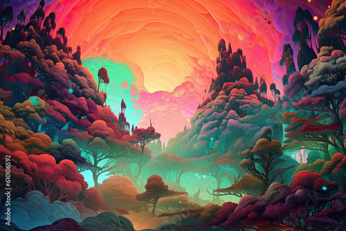 Psychedelic landscape with a mystical forest of neon-colored trees and mountains shrouded in misty psychedelic clouds  generative ai