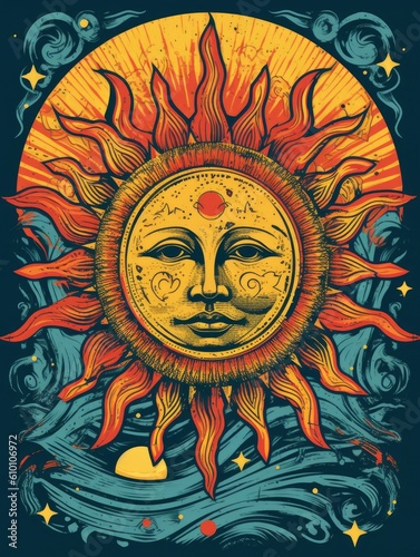 Sun, illustration, retro design. Print for T-shirts. Generative AI.