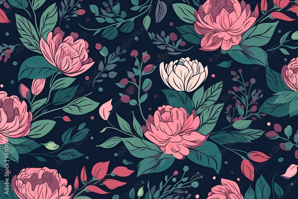 Retro floral pattern in shades of pink and green on a dark navy background, generative ai Retro floral pattern in shades of pink and green on a dark navy background, generative ai