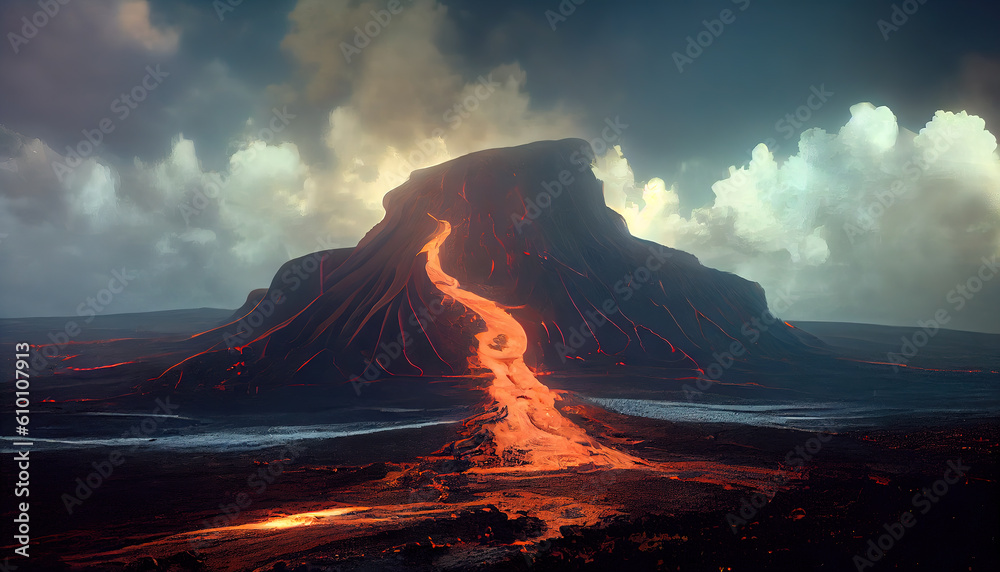 Volcanic eruption with burning lava. Natural disaster. Boiling lava flows from the crater. AI-generated