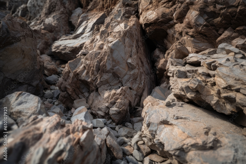 Rough and rugged brown stone with craggy edges and uneven surface, generative ai