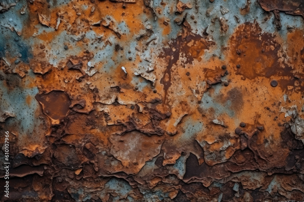 Rusted Metal Texture with Layers of Flaking Paint and Corrosion, generative ai