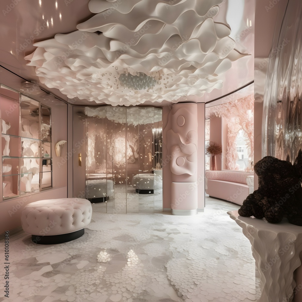 a flagship store,soft pink and white and silver atmosphere,Abstract