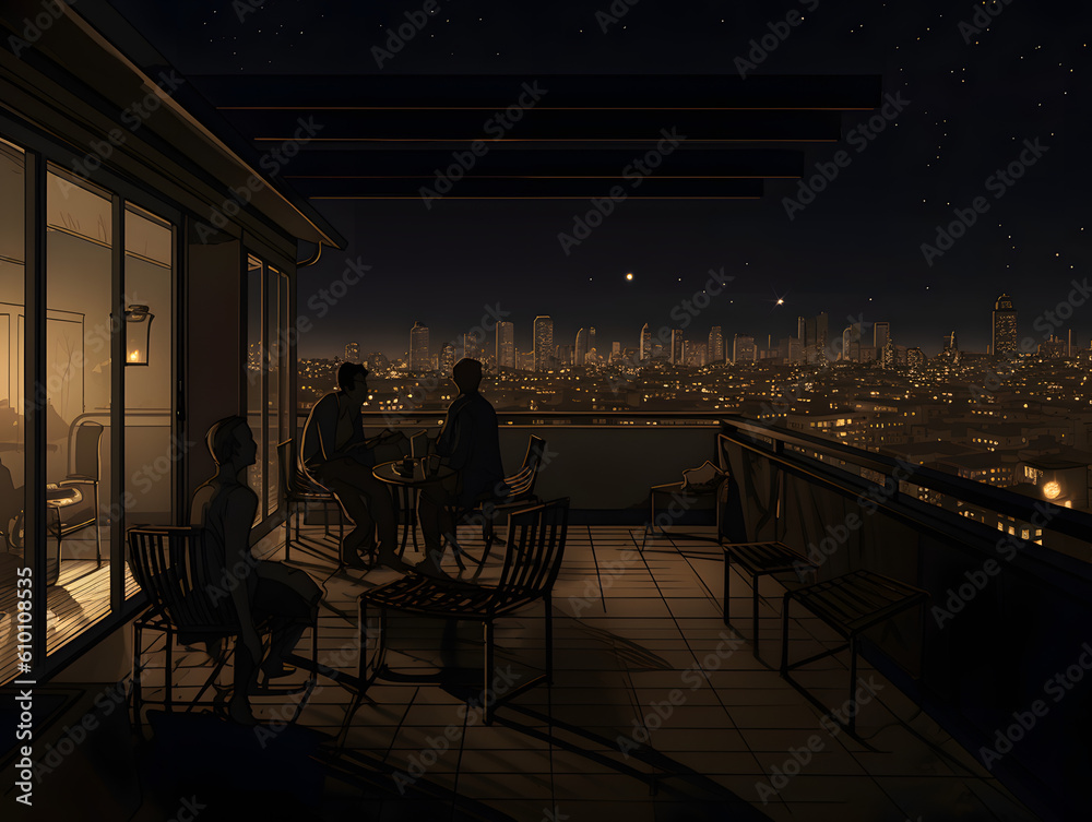 a night scene on a rooftop