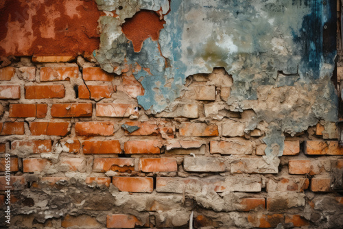 Rustic Brick Wall with Crumbling Paint and Deep Cracks  generative ai