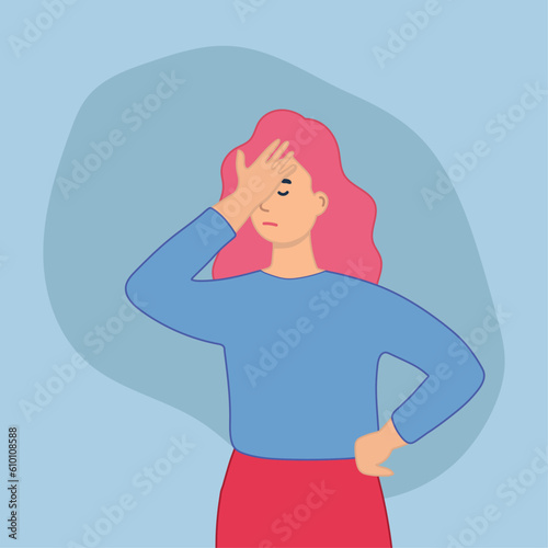 Facepalm.  A woman with her face covered with one hand.  Young woman suffering pain, migraine, fainting, dizziness