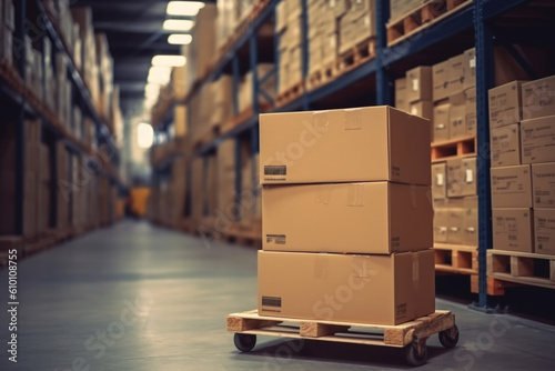 Inventory in motion, Cardboard boxes on hand pallet truck at storehouse Generative AI photo