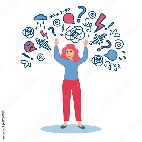 A sad tired woman with chaos in her head. Emotional burnout, neurosis, stress, overwork, fatigue, anxiety, exhaustion. The concept of mental health preservation. Vector illustration