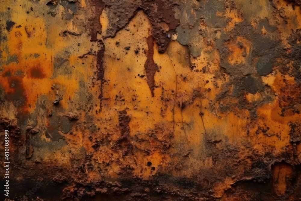 Rusty and corroded metal texture with shades of orange and yellow, perfect for a grunge-style wallpaper, generative ai Rusty and corroded metal texture with shades of orange and yellow, perfect for a grunge-style wallpaper, generative ai