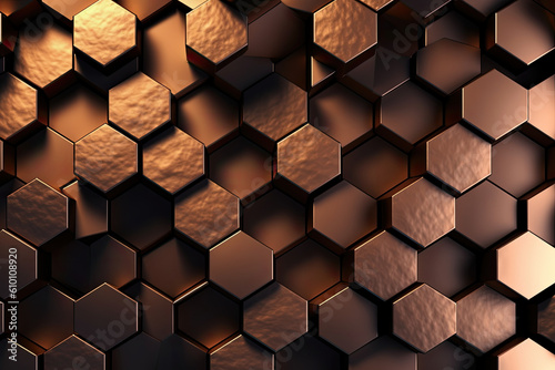 Seamless pattern of interlocking metallic hexagons in shades of bronze and copper, generative ai