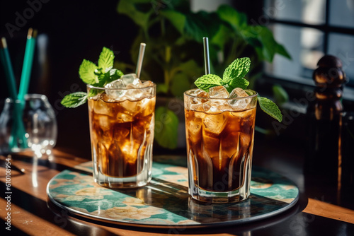 Two tall glasses of iced coffee or ice tea with ice and straws on the bar, summer vacation refreshment. High quality photo Generative AI