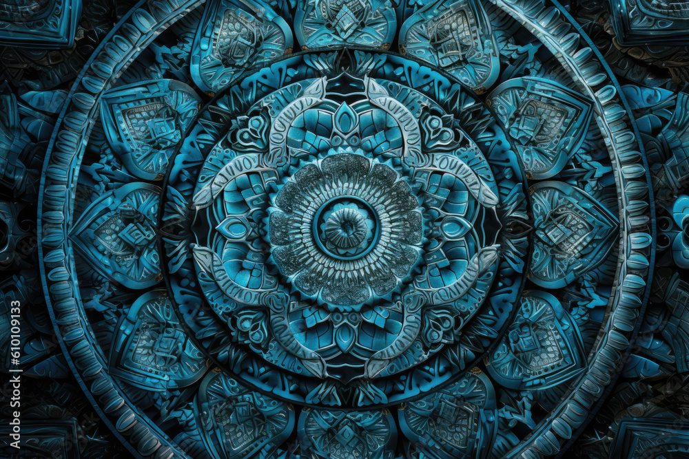 Serene kaleidoscope mandalas in shades of blue with intricate details and mesmerizing patterns, generative ai