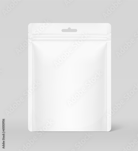 Realistic clean stand up pouch bag mockup. Vector illustration. Front view. Can be use for template your design, presentation, promo, ad. EPS10.	