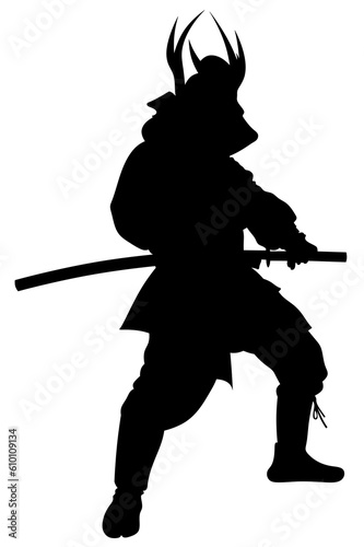 Silhouette of a samurai with a sword. Black logo of an ancient Chinese warrior. Samurai with horns on a helmet.