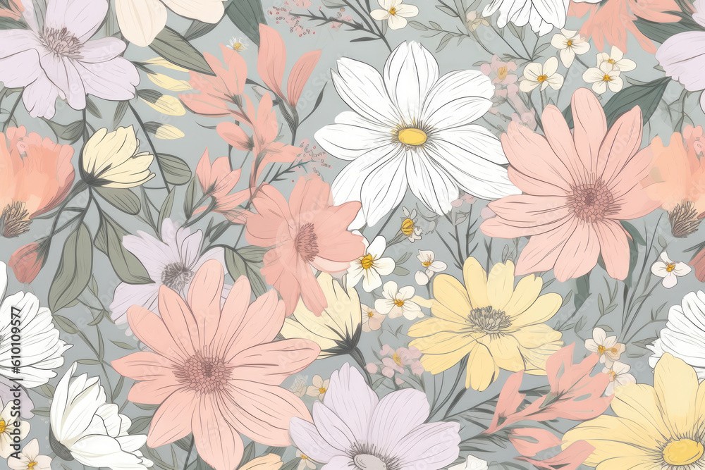 Soft and delicate pastel floral pattern with a mix of roses and daisies on a white background, generative ai Soft and delicate pastel floral pattern with a mix of roses and daisies on a white background, generative ai