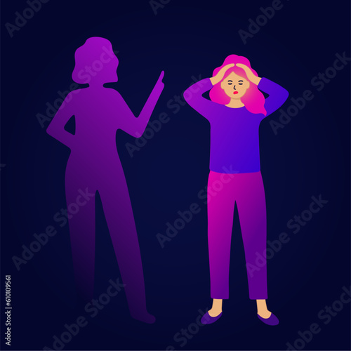 Meeting with unconscious part of self concept. Man and woman touch shadow of their personality. Unfamiliar dark side of psychology. Cartoon flat vector collection isolated on white background