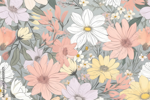 Soft and delicate pastel floral pattern with a mix of roses and daisies on a white background  generative ai
