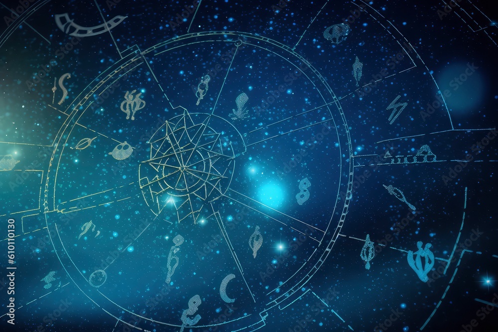 Astronomical horoscope background with zodiac signs. Generative AI