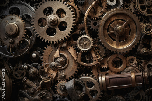 steampunk machine with an array of gears in brass and silver, set against a dark, grungy backdrop, generative ai