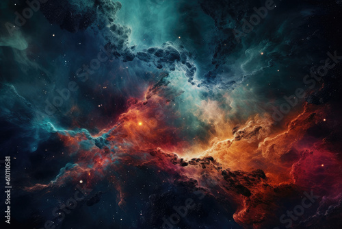 Stunning view of a vibrant and colorful galaxy with swirling gas clouds and bright stars shining through the darkness, generative ai