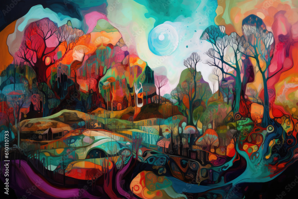 Obraz premium surrealistic landscape of imaginary forms and scribbles, bursting with vibrant colors and bold lines, generative ai