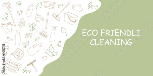 eco friendly cleaning background. White contours of washing elements on a green background. Template for advertising cleaning services