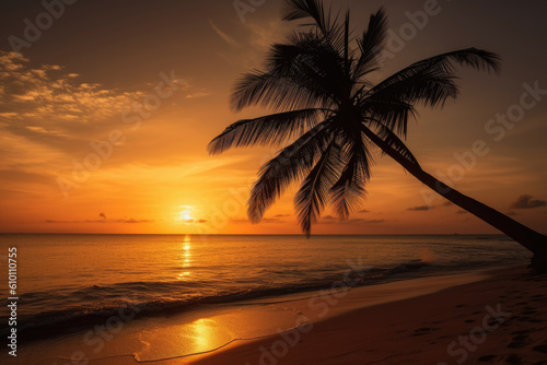 Sunset silhouette of a lone palm tree on a tropical beach with soft sand and gentle waves  generative ai