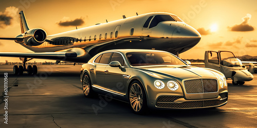 Luxury car and private jet on the runway. Business class service at the airport. Business class shuttle service. Airport transfer. digital ai art

 photo