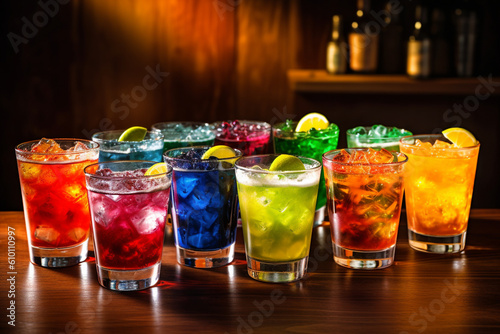 Alcohol cocktails in different collors on the bar. High quality photo Generative AI photo
