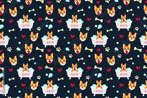 Lovely seamless pattern with cute joyful dog in bathtub in flat style. Vector illustration of pet grooming. Cartoon kawaii dog taking a bath full of soapy suds with hearts, bones. Dark background. 
