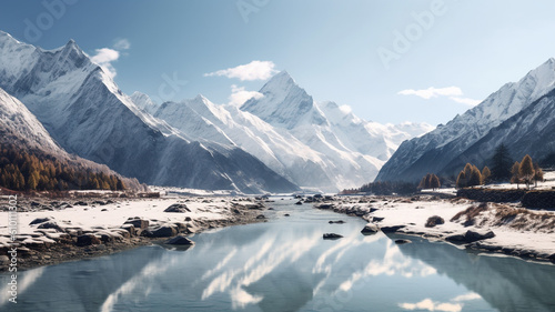 Beautiful mountainous scene with snowcapped mountains. Generative AI