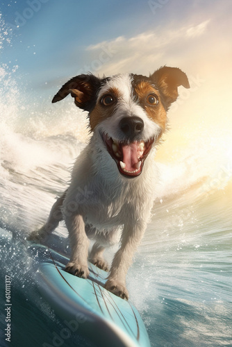 cooler fröhlicher Jack Russel Terrier Hund beim surfen auf einem Surfborad im Meer. Hochformat. Hochkant. Generative Ai. © Michael
