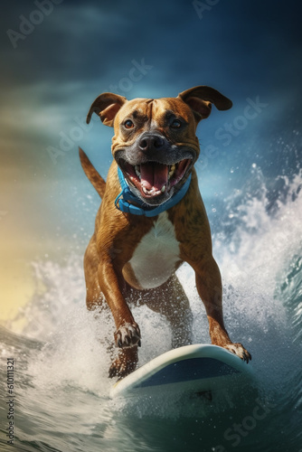 cooler fröhlicher Staffordshire Bullterrier Hund beim surfen auf einem Surfborad im Meer. Hochformat. Hochkant. Generative Ai.