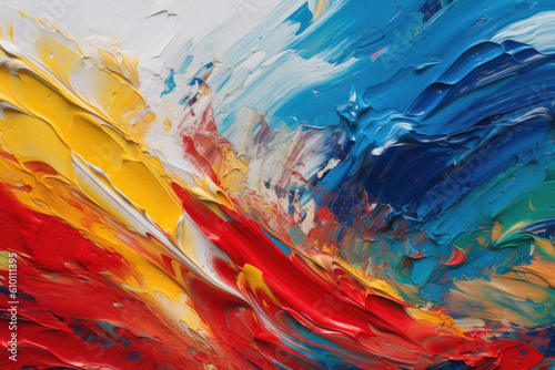 Vibrant brushstrokes of red, blue, and yellow on a white canvas, with textured layers adding depth and dimension, generative ai