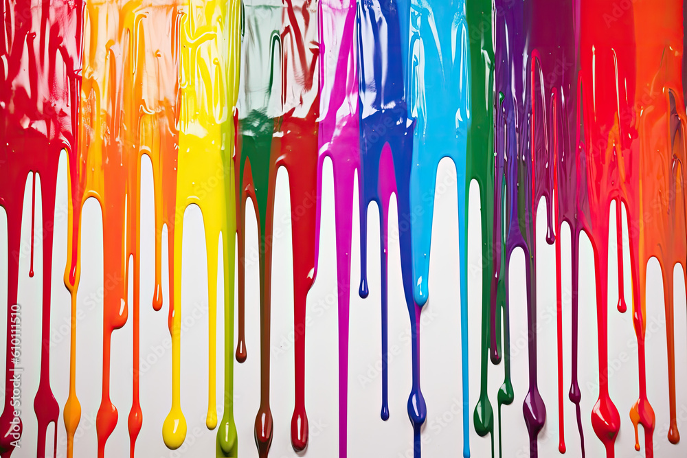 Vibrant paint drips in a rainbow of colors against a stark white background, creating a dynamic and abstract composition, generative ai