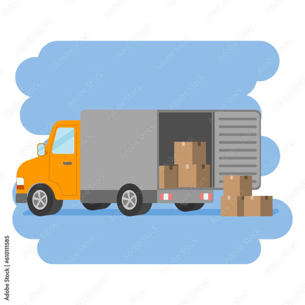 delivery truck van with boxes inside.  Yellow delivery van loads parcels in a city. Express delivery concept flat vector illustration