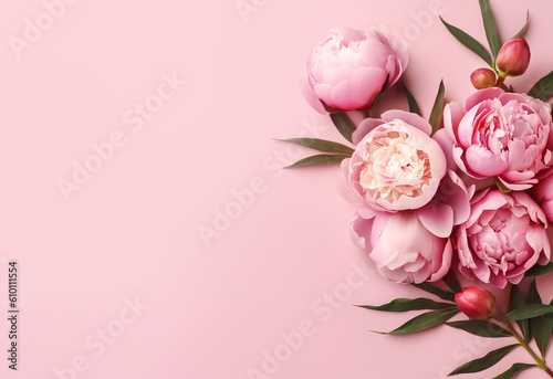 Wallpaper Mural Tender peonies on pink background with copy space. Abstract natural floral frame layout with text space. Romantic feminine composition. Wedding invitation. International Women day, Mother Day concept Torontodigital.ca