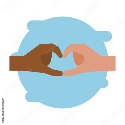 Two different color hands make love sign vector illustration. Diversity multicultural fingers make a heart shape poster design