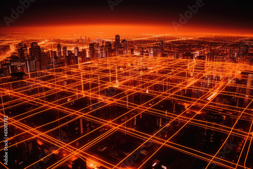 View of a futuristic grid illuminated by bright orange light with reflections of the surrounding cityscape, generative ai