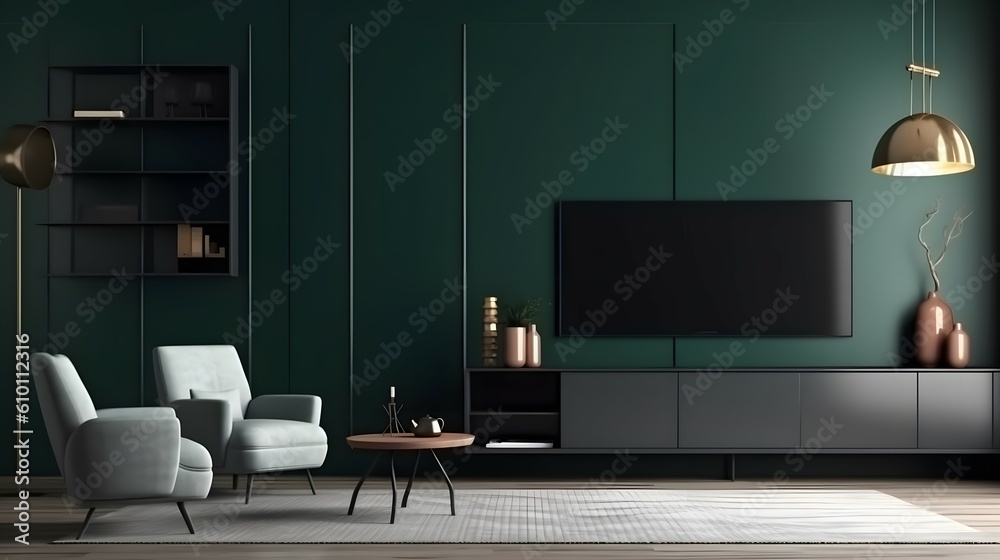Modern interior of living room with armchair and cabinet for tv on dark ...
