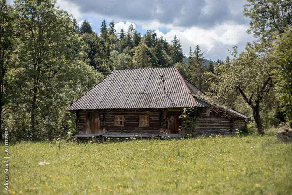 Obraz premium Old house in a village in the mountains. Ukrainian Carpathians