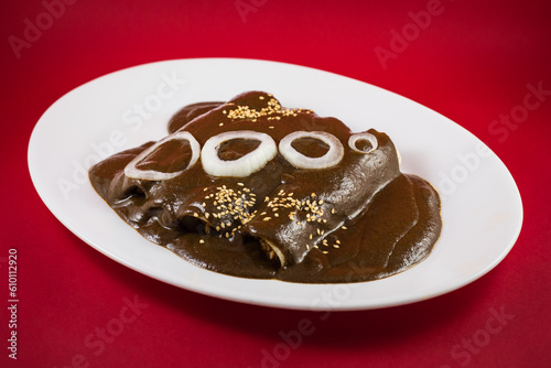 Typical mexican chilaquiles covered in mole on red background