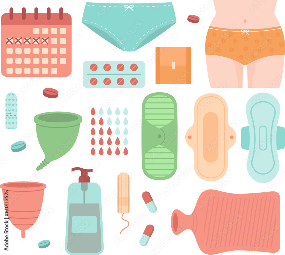 Menstrual Period Set. Pads, Menstrual Cup, Underwear. Vector Concept Illustration In Flat Style