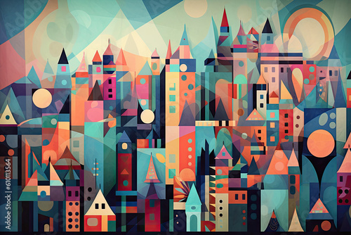 whimsical cubist interpretation of a city skyline, with colorful shapes and angles creating a playful and lively wallpaper design, generative ai