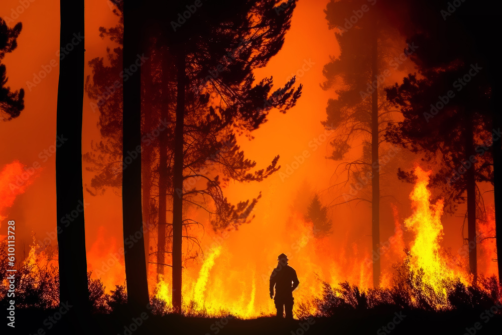 Fototapeta premium Red and orange burning forest wildfire, black trees and lone firefighter person silhouette visible against heat glow. Generative AI
