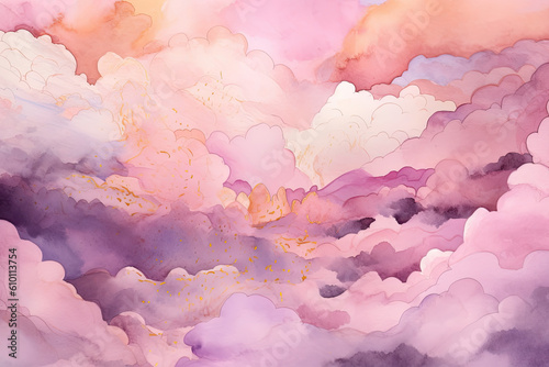 Whimsical watercolor clouds in shades of pastel pink and purple with a touch of gold  generative ai