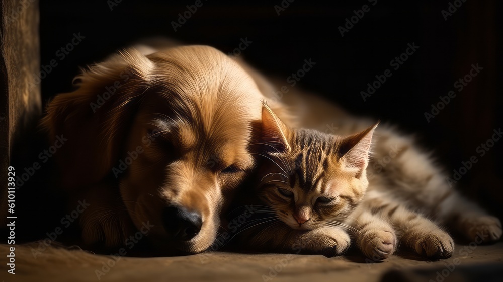 Cat and dog sleeping together. Kitten and puppy taking nap. Home pets. Animal care. Love and friendship. Created with Generative AI technology.