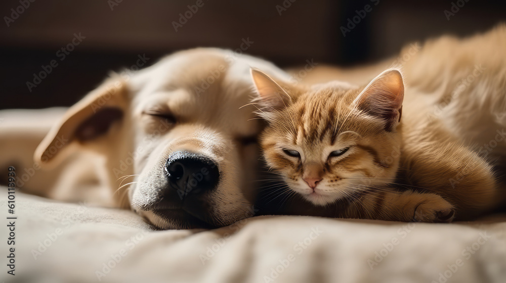 Cat and dog sleeping together. Kitten and puppy taking nap. Home pets. Animal care. Love and friendship. Created with Generative AI technology. Cat and dog sleeping together. Kitten and puppy taking nap. Home pets. Animal care. Love and friendship. Created with Generative AI technology.
